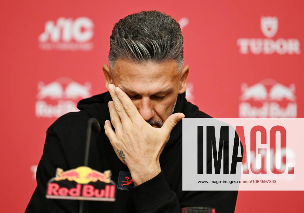 2026–2027 Bundesliga Season, Matchday 6, RB Leipzig Press Conference Ahead of Bayern Munich vs. RB Leipzig on October 16, 2026: Martin Demichelis, RB Leipzig coach, at the RB Leipzig press conference ahead of the Bundesliga match against Bayern Munich on October 16, 2026. Demichelis wipes his eyes across his face. Leipzig, Saxony, Germany. Red Bull Training Facility at Cottaweg