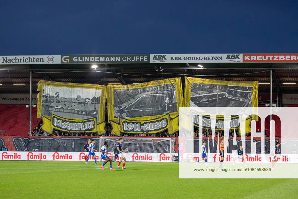 Soccer 2. Bundesliga Men s 2026–2027 Season, Matchday 8: Holstein Kiel vs. Hertha BSC. Kiel in dark blue, Berlin in white and blue stripes Choreographed display by Kiel fans at kickoff Kiel Holstein Stadium, Westring 501, Schleswig-Holstein, Germany