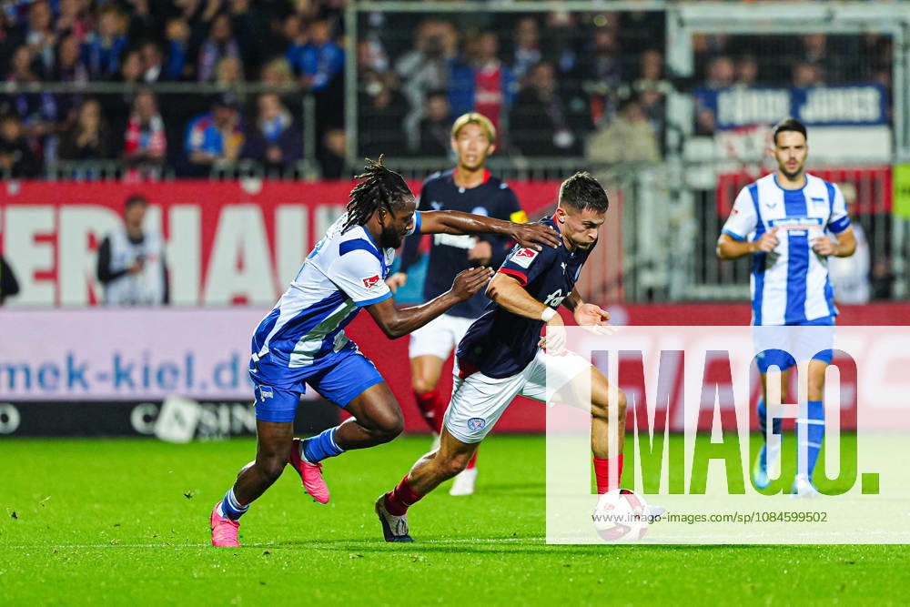 Deyovaisio Zeefuik, Hertha BSC, 42; Adrian Kapralik, Holstein Kiel, 20 (GER); Holstein Kiel vs. Hertha BSC, Soccer, 2. Bundesliga, Matchday 08, 2026–2027 Season, October 16, 2026 DFL regulations prohibit any use of photographs as image sequences and or quasi-video GER, Holstein Kiel vs. Hertha BSC, soccer, 2. Bundesliga, Matchday 08, 2026–2027 season, October 16, 2026, Kiel