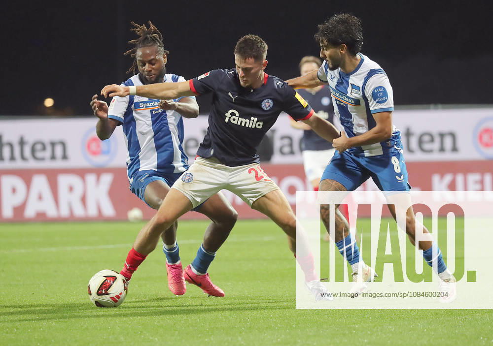 Deyovaisio Zeefuik, Hertha BSC Berlin; Adrian Kapralik, Holstein Kiel; Kevin Sessa, Hertha BSC Berlin; Soccer, Men s, 2026–2027 Season, 2. Bundesliga, Holstein Stadium, Holstein Kiel vs. Hertha BSC Berlin DFL REGULATIONS PROHIBIT ANY USE OF PHOTOGRAPHS AS IMAGE SEQUENCES AND OR QUASI-VIDEO
