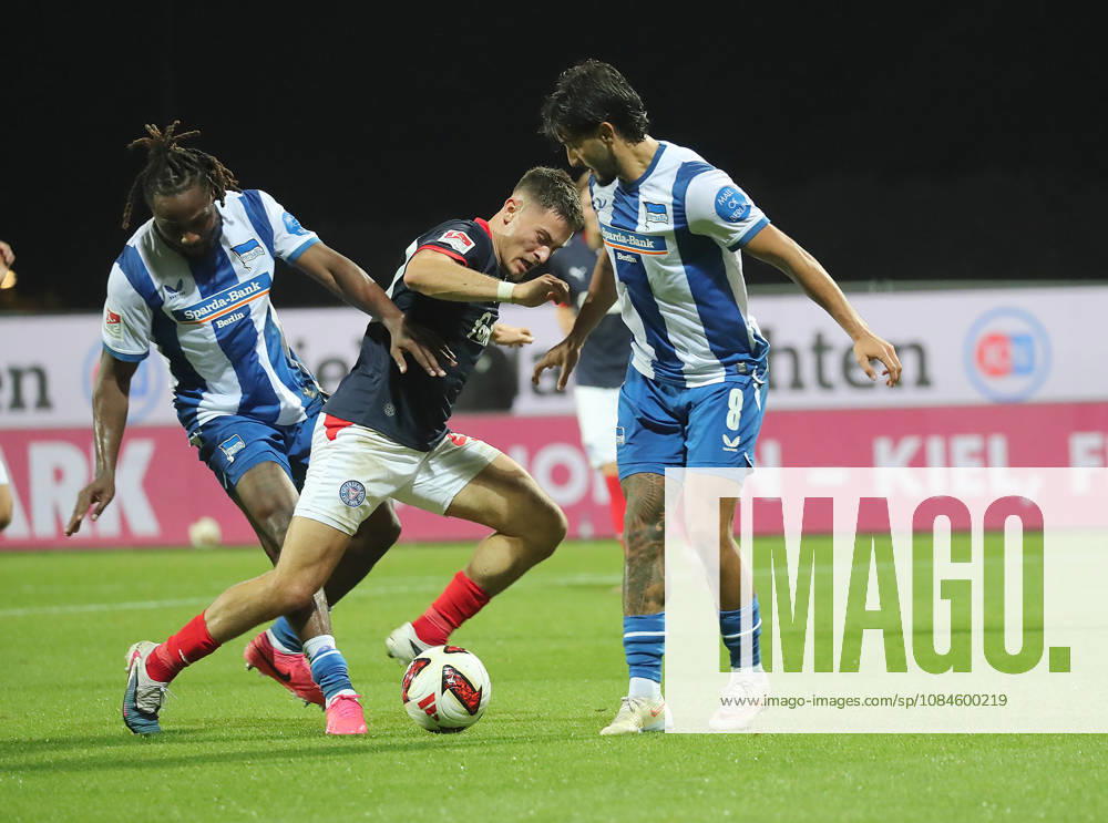 Deyovaisio Zeefuik, Hertha BSC Berlin; Adrian Kapralik, Holstein Kiel; Kevin Sessa, Hertha BSC Berlin; Soccer, Men s, 2026–2027 Season, 2. Bundesliga, Holstein Stadium, Holstein Kiel vs. Hertha BSC Berlin DFL REGULATIONS PROHIBIT ANY USE OF PHOTOGRAPHS AS IMAGE SEQUENCES AND OR QUASI-VIDEO