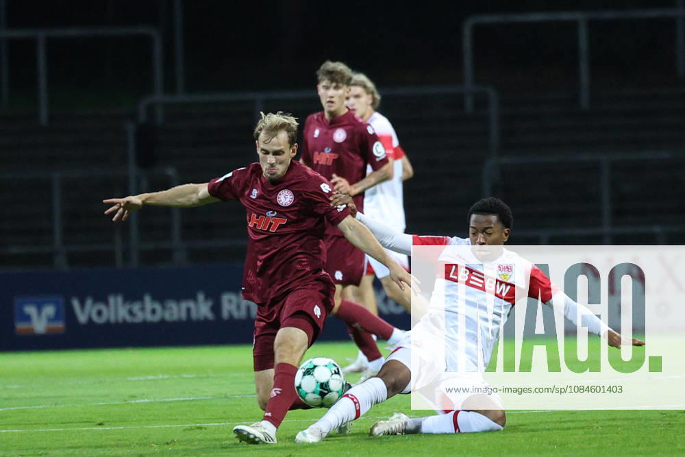 Soccer, SC Fortuna Köln vs. VfB Stuttgart II, 3rd Division, South Division, Matchday 10, 2026–2027 Season Jarzinho Malanga (VfB Stuttgart II), No. 27, in a tackle against Georg Strauch (Fortuna Cologne), No. 11. DFB regulations prohibit any use of photographs as image sequences and or quasi-video. North Rhine-Westphalia, Germany