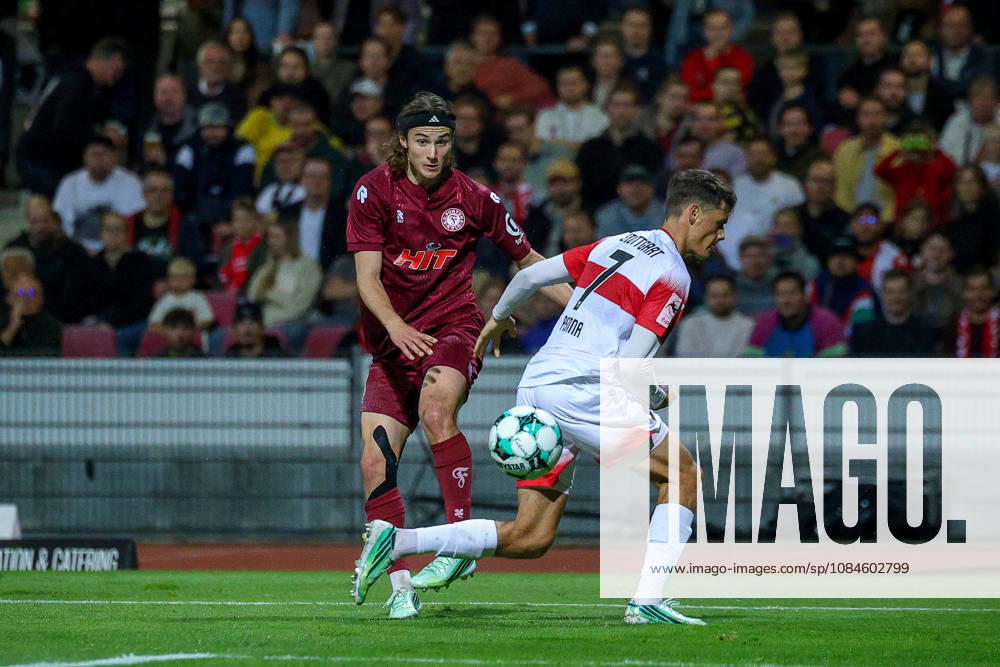 Soccer, SC Fortuna Köln vs. VfB Stuttgart II, 3rd Division, South Division, Matchday 10, 2026–2027 Season, Bennit Bröger of Fortuna Köln, number 38, taking a shot on goal. DFB regulations prohibit any use of photographs as image sequences and or quasi-video. North Rhine-Westphalia, Germany
