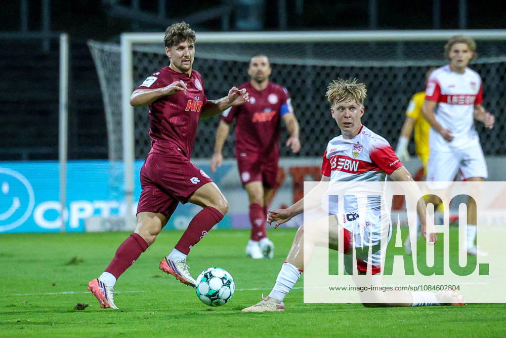 Soccer, SC Fortuna Köln vs. VfB Stuttgart II, 3rd Division, South Division, Matchday 10, 2026–2027 Season: Enzo Wirtz (Fortuna Cologne 09) in a tackle with Yanik Spalt (VfB Stuttgart II 08). DFB regulations prohibit any use of photographs as image sequences and or quasi-video. North Rhine-Westphalia, Germany