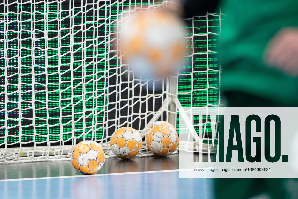 Handball, HBL2 SC DHfK Leipzig vs. ASV Hamm Westfalen, October 16, 2026. Several balls lie in the goal net. Stock photo, feature, handball. Handball, 2nd Bundesliga, 2026–2027 season, Matchday 8: SC DHfK Leipzig vs. ASV Hamm Westfalen on October 16, 2026, at the Quarterback Immobilien Arena Leipzig