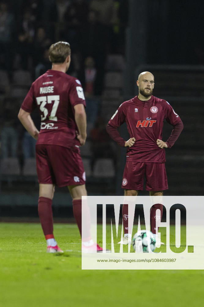 3rd Division, Fortuna Cologne vs. VfB Stuttgart U21, October 16, 2026: Adrian Stanilewicz (Fortuna Cologne, 20) and Jannik Mause (Fortuna Cologne, 37) look disappointed after conceding a goal. 3rd Division, Fortuna Cologne vs. VfB Stuttgart U21, Matchday 10, October 16, 2026, Südstadion, Cologne. DFB regulations prohibit any use of photographs as image sequences and or quasi-video.
