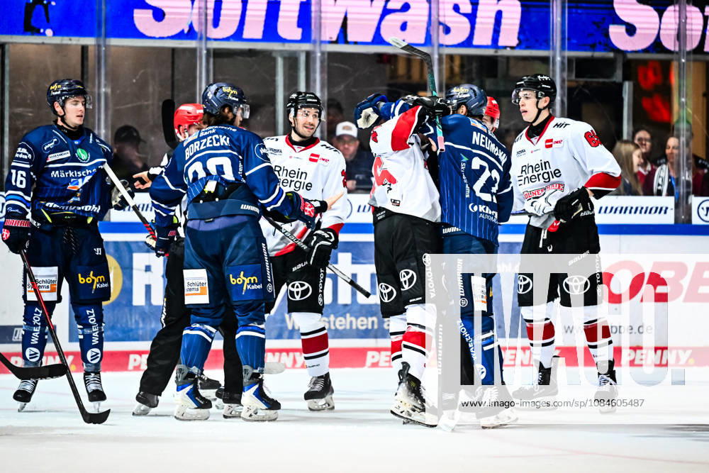 Daniel Neumann, Iserlohn Roosters, 22; Kevin Niedenz, Kölner Haie, 46; Jakub Borzecki, Iserlohn Roosters, 29, GER, Iserlohn Roosters vs. Kölner Haie, Ice Hockey, Penny DEL, Matchday 9, 2026–2027 Season, October 16, 2026, GER, Iserlohn Roosters vs. Kölner Haie, Ice Hockey, Penny DEL, Matchday 9, 2026–2027 Season, October 16, 2026, Iserlohn
