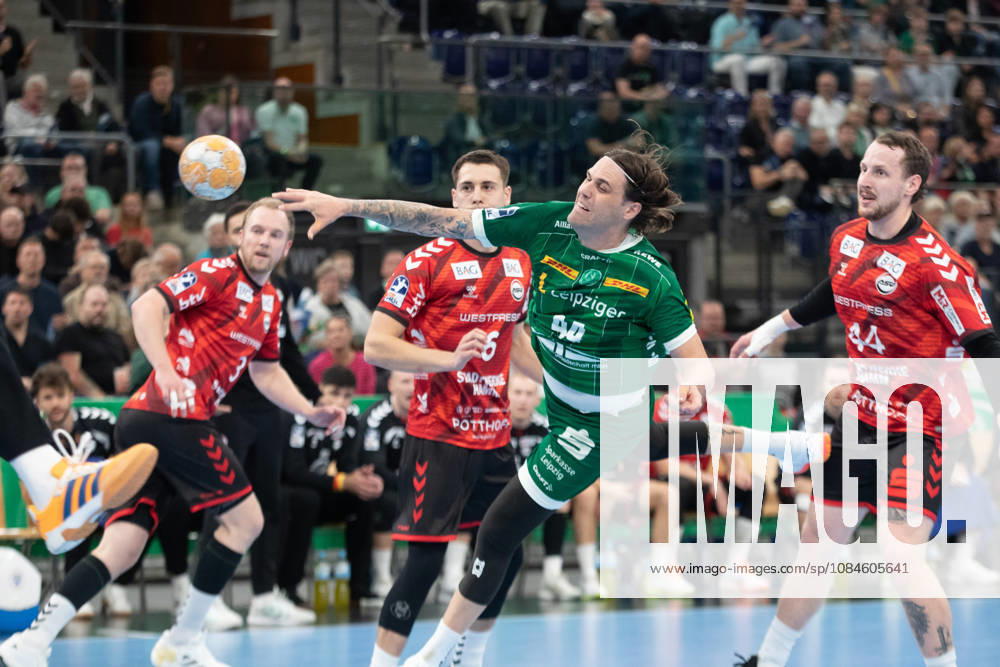 Handball, HBL2: SC DHfK Leipzig vs. ASV Hamm Westfalen, October 16, 2026; Dean Bombac 44, SC DHfK Leipzig taking a shot; Handball, 2nd Bundesliga, 2026–2027 season, Matchday 8: SC DHfK Leipzig vs. ASV Hamm Westfalen on October 16, 2026, at the Quarterback Immobilien Arena Leipzig