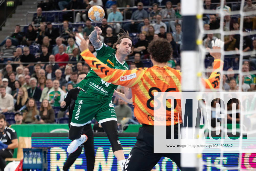 Handball, HBL2: SC DHfK Leipzig vs. ASV Hamm Westfalen, October 16, 2026; Dean Bombac 44, SC DHfK Leipzig shoots against goalkeeper Marcos Vinicios Colodeti 86, ASV Hamm Westfalen Handball, 2nd Bundesliga, 2026–2027 season, Matchday 8: SC DHfK Leipzig vs. ASV Hamm Westfalen on October 16, 2026, at the Quarterback Immobilien Arena Leipzig