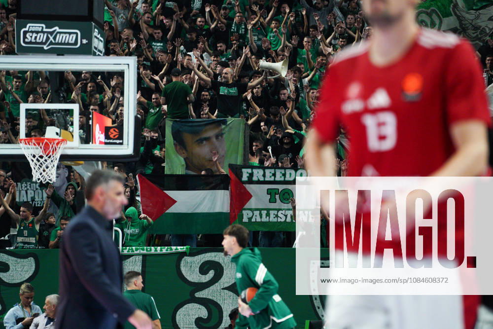 Panathinaikos fans wave Palestinian flags during the EuroLeague basketball game between Panathinaikos AKTOR Athens and Hapoel Tel Aviv at Telekom Center Athens, Athens, Greece, October 16, 2026. Panathinaikos AKTOR Athens Vs Hapoel Tel Aviv - ZUMAa226 20261016_zip_a226_009