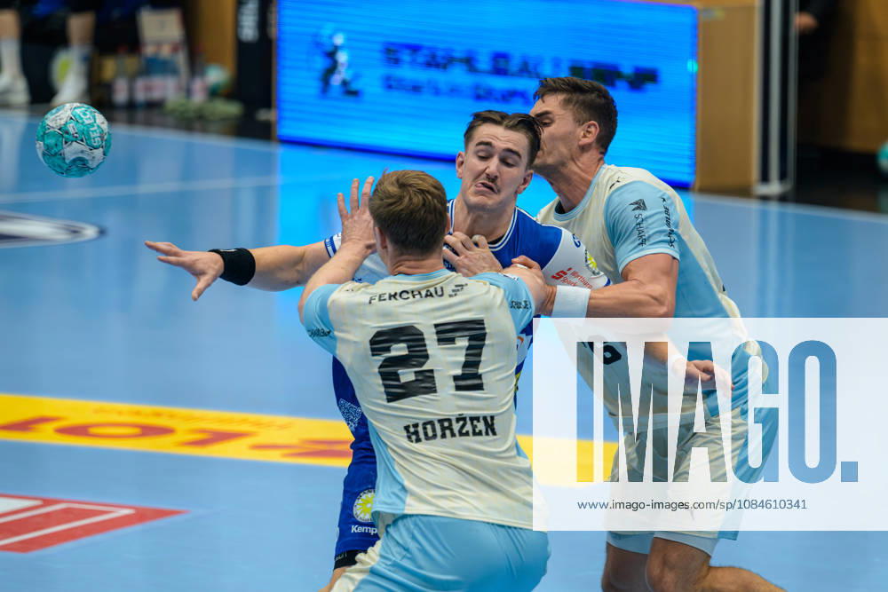 Felix Aellen, ThSV Eisenach, 22; Kristjan Horzen, VfL Gummersbach, 27; Stepan Zeman, VfL Gummersbach, 66 (GER), ThSV Eisenach vs. VfL Gummersbach, 1st Opel Handball Bundesliga, Handball, Matchday 9, 2026–2027 season, 8:00 p.m., October 16, 2026 GER, ThSV Eisenach vs. VfL Gummersbach, 1st Opel Handball Bundesliga, Handball, Matchday 9, 2026–2027 season, 8:00 p.m., October 16, 2026, Eisenach