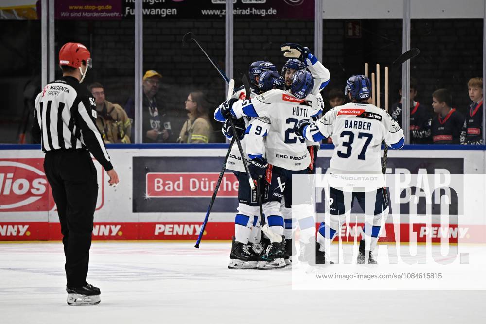 Celebration for Alex Breton, ERC Ingolstadt 75; Myles Powell, ERC Ingolstadt 9; Riley Barber, ERC Ingolstadt 37; Myles Powell, ERC Ingolstadt 9; Schwenninger Wild Wings vs. ERC Ingolstadt, DEL, Regular Season, Matchday 8, 2026–2027 Season, 20261016 Schwenninger Wild Wings vs. ERC Ingolstadt, DEL, Regular Season, Matchday 8, 2026–2027 Season, October 16, 2026, Schwenningen