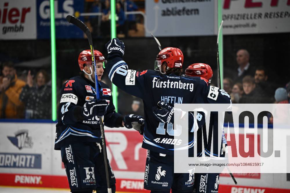 Celebration, from left to right: Alexander Karachun, Schwenninger Wild Wings 47; Mirko Hoefflin, Schwenninger Wild Wings 10; Austin Ortega, Schwenninger Wild Wings 8; Schwenninger Wild Wings vs. ERC Ingolstadt, DEL, regular season, Matchday 8, 2026–2027 season, 20261016 Schwenninger Wild Wings vs. ERC Ingolstadt, DEL, regular season, Matchday 8, 2026–2027 season, October 16, 2026, Schwenningen