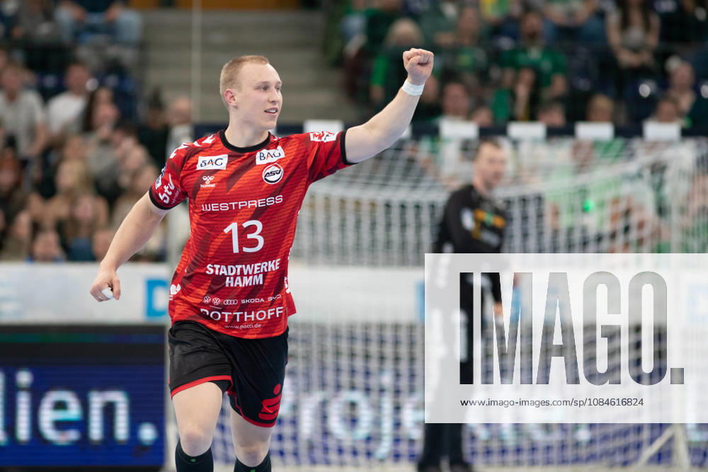 Handball, HBL2: SC DHfK Leipzig vs. ASV Hamm Westfalen, October 16, 2026; Ole Machner 13; ASV Hamm Westfalen celebrating a goal; Handball, 2nd Bundesliga, 2026–2027 season, Matchday 8: SC DHfK Leipzig vs. ASV Hamm Westfalen on October 16, 2026, at the Quarterback Immobilien Arena Leipzig