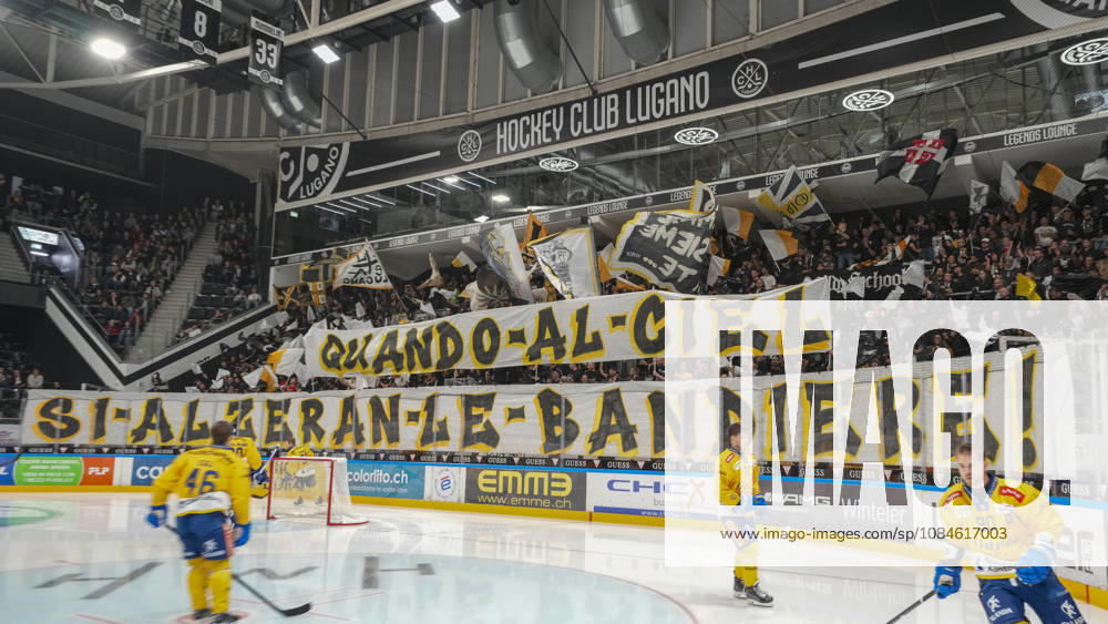 LUGANO, SWITZERLAND, OCTOBER 16: Lugano fans perform their choreography before and during the game between HC Lugano and HC Davos at the Corner Arena on October 16, 2026, in Lugano, Switzerland (Ticino, Switzerland)