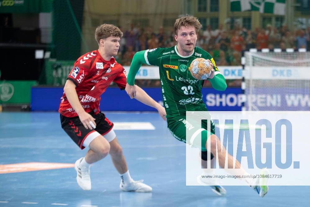 Handball, HBL2: SC DHfK Leipzig vs. ASV Hamm Westfalen, October 16, 2026; Franz Semper 32; SC DHfK Leipzig with the ball; Handball, 2nd Bundesliga, 2026–2027 season, Matchday 8: SC DHfK Leipzig vs. ASV Hamm Westfalen on October 16, 2026, at the Quarterback Immobilien Arena Leipzig