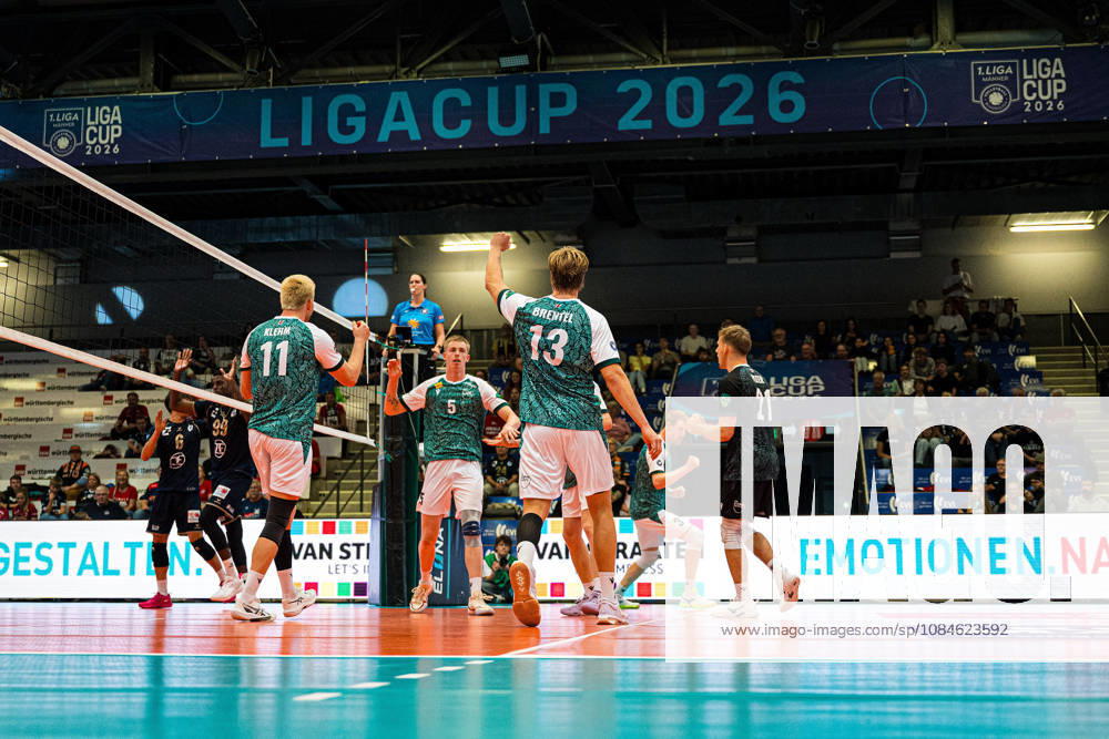 Volleyball I Men’s I 2026–2027 Season I 2026 League Cup I Quarterfinals I VfB Friedrichshafen vs. FT1844 Freiburg I October 16, 2026 Cheers, excitement, enthusiasm, euphoria, joy, happiness, and cheerfulness from Jannik Brentel (No. 13), FT1844 Freiburg, and the team