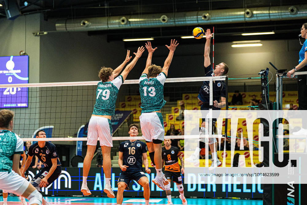 Volleyball I Men I 2026–2027 Season I 2026 League Cup I Quarterfinals I VfB Friedrichshafen vs. FT1844 Freiburg I October 16, 2026 Block, Defense: Jannik Brentel 13, FT1844 Freiburg and Peer Lindemann 79, FT1844 Freiburg