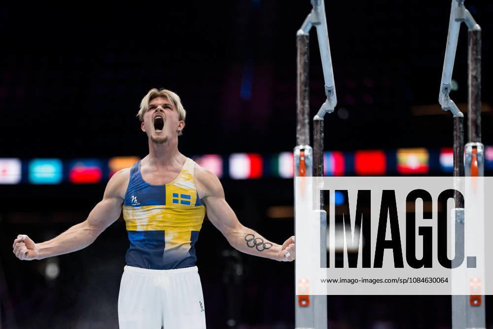 David Rumbutis of Sweden celebrates while competing in the men’s qualifying round on the first day of the 2026 Artistic Gymnastics World Championships on October 17, 2026 in Rotterdam. Photo by Joel Marklund, BILDBYRÅN, code JM JM0859. bbeng artistic gymnastics gymnastics world championships bbeng artistic gymnastics gymnastics world championships celebration Sweden celebrates