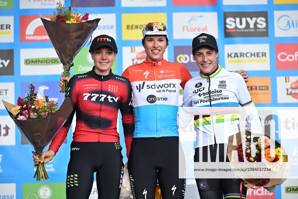 Dutch Aniek van Alphen; Luxembourgisch Marie Schreiber and Dutch Lucinda Brand pictured on the podium of the women s elite race of the Berencross Meulebeke cyclocross cycling event, race 2 8 in the HG Cross competition, on Saturday 17 October 2026. DAVIDxPINTENS x190079680x