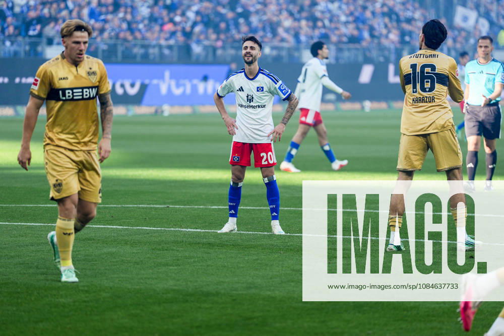 Germany Soccer Bundesliga 2026–27, Matchday 6: Hamburger SV (HSV) vs. VfB Stuttgart at Volkspark Stadium, Hamburg; Fabio Vieira (Hamburger SV), 20; Finn Jeltsch (VfB Stuttgart), 29; Atakan Karazor (VfB Stuttgart), 16