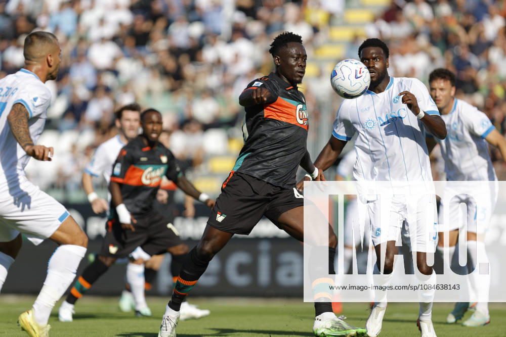 IPA89802455 - Venezia s Akor Adams in action against Napoli s Benoit Badiashile during the Serie A Enilive soccer match between Venezia and Napoli at the Pier Luigi Penzo Stadium in northeastern Italy on October 17, 2026.