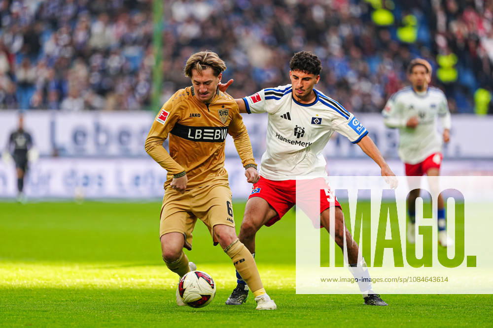 Angelo Stiller, VfB Stuttgart, 06; Martin Adeline, Hamburger SV, 05 GER; Hamburger SV vs. VfB Stuttgart, soccer, Bundesliga 1, Matchday 06, 2026–2027 season, October 17, 2026 DFL regulations prohibit any use of photographs as image sequences and or quasi-video GER, Hamburger SV vs. VfB Stuttgart, soccer, 1. Bundesliga, Matchday 6, 2026–2027 Season, October 17, 2026, Hamburg