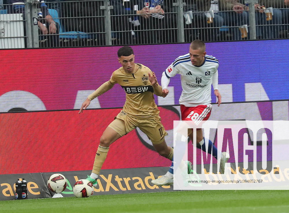 Bilal El Khannouss, VfB Stuttgart; Miro Muheim, Hamburger SV Soccer, Men s, 2026–2027 season, 1st Division, Volksparkstadion, Hamburger SV vs. VfB Stuttgart, 1–0. DFL regulations prohibit any use of photographs as image sequences and or quasi-video.