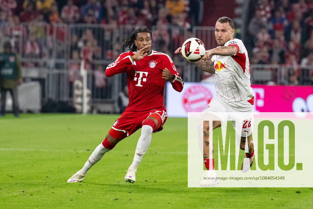 Battle for the Ball: Tackle between Michael Olise (FC Bayern Munich, 17) and David Raum (RB Leipzig, 22, GER), FC Bayern Munich vs. RB Leipzig, Soccer, Bundesliga, Matchday 6, 2026–2027 Season, October 17, 2026 DFL and DFB regulations prohibit any use of photographs as image sequences and or quasi-video. Photo: HMB Media, Heike Feiner
