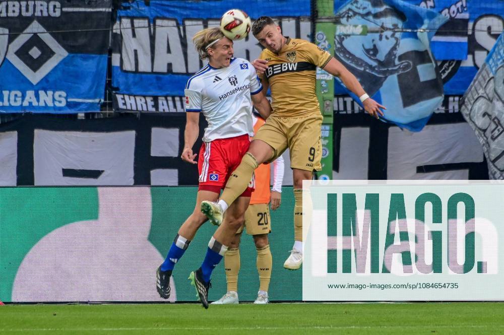 Sebastiaan Bornauw, HSV; Ermedin Demirovic, Stuttgart; Germany; Hamburg; Volksparkstadion; soccer; Bundesliga 1; Hamburger SV; VFB Stuttgart
