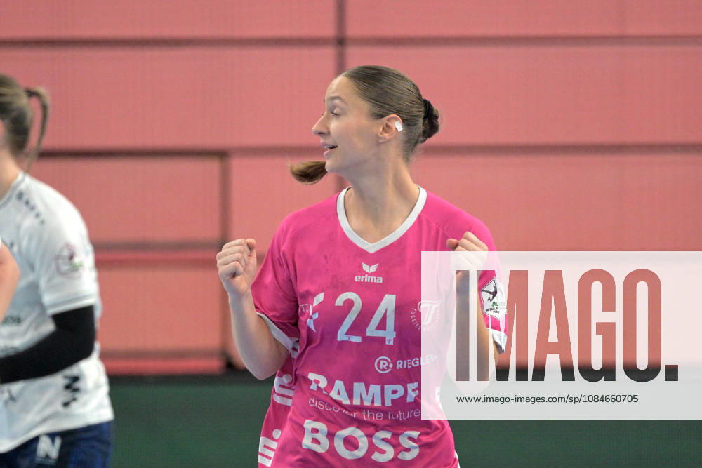 Marie Luisa Stumpf of TusSies Metzingen, 24, celebrates after scoring a goal in the TusSies Metzingen vs. Sport Union Neckarsulm game, handball, Alsco HBF, Matchday 6, 2026–2027 season, October 17, 2026: TusSies Metzingen vs. Sport Union Neckarsulm, Handball, Alsco HBF, Matchday 6, 2026–2027 Season, October 17, 2026, Tübingen