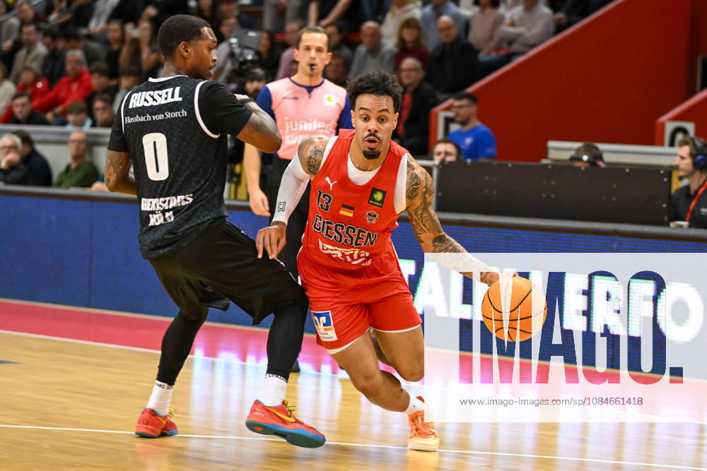 Cedric Russel, Daniel Norl, Barmer 2 Basketball Bundesliga, Pro A, Matchday 5, 46ers, 2026–2027 Basketball Season, BBL, Germany, Giessen 46ers vs. RheinStars Cologne, Giessen in red, Men s, Cologne in black