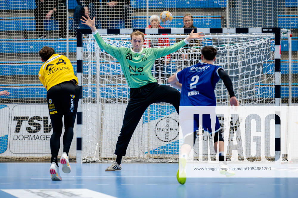 Dormagen, October 17, 2026, Handball, Men s, 2nd Bundesliga, Matchday 8, 2026–2027 TSV Bayer Dormagen vs. HSC 2000 Coburg; Sven Weßeling (HSC 2000 Coburg) scored a penalty throw against Christian Simonsen (TSV Bayer Dormagen); 20 Dormagen TSV Bayer Sportcenter NRW, Germany