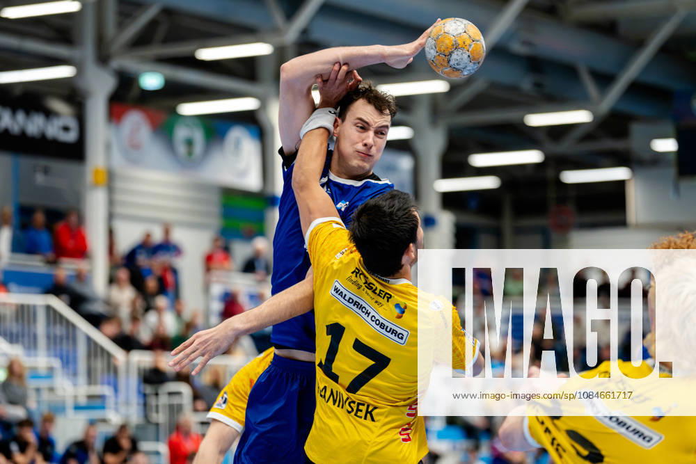 Dormagen, October 17, 2026, Handball, Men s, 2nd Bundesliga, Matchday 8, 2026–2027 TSV Bayer Dormagen vs. HSC 2000 Coburg Moritz Köster (TSV Bayer Dormagen), No. 14 in a duel with Nejc Planinsek (HSC 2000 Coburg), No. 17 Dormagen TSV Bayer Sportcenter NRW Germany