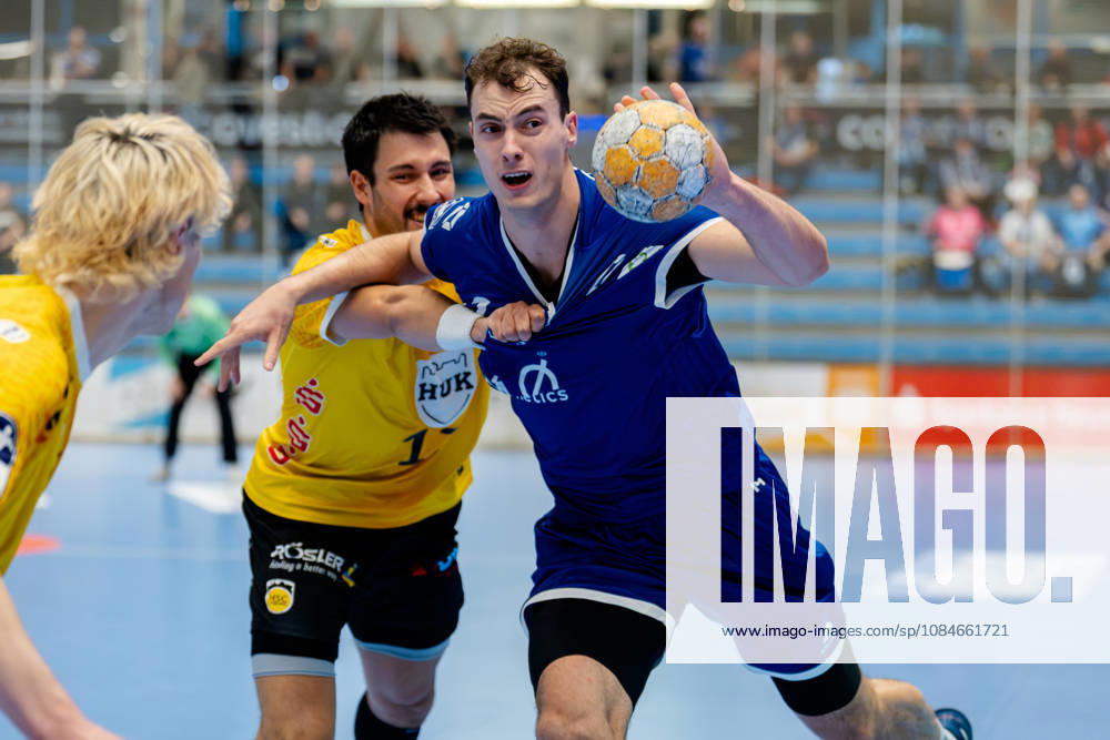 Dormagen, October 17, 2026, Handball, Men s, 2nd Bundesliga, Matchday 8, 2026–2027 TSV Bayer Dormagen vs. HSC 2000 Coburg Moritz Köster (TSV Bayer Dormagen), No. 14 in a duel with Nejc Planinsek (HSC 2000 Coburg), No. 17 Dormagen TSV Bayer Sportcenter NRW Germany