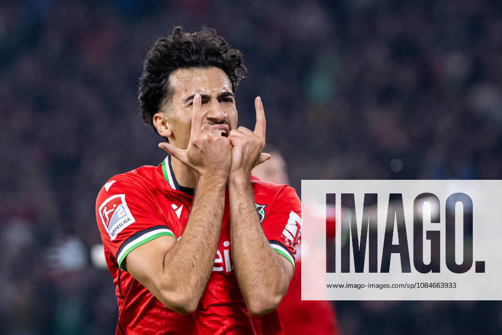 Husseyn Chakroun of Hannover 96, No. 14, celebrates after the VAR disallowed the goal that would have made the score 1–0 GER, Hannover 96 vs. FC St. Pauli, Soccer, 2. Bundesliga, Matchday 8, 2026–2027 season, October 17, 2026 DFL regulations prohibit any use of photographs as image sequences and or quasi-video, GER, Hannover 96 vs. FC St. Pauli, Soccer, 2. Bundesliga, Matchday 8, 2026–2027 season, October 17, 2026, Hannover