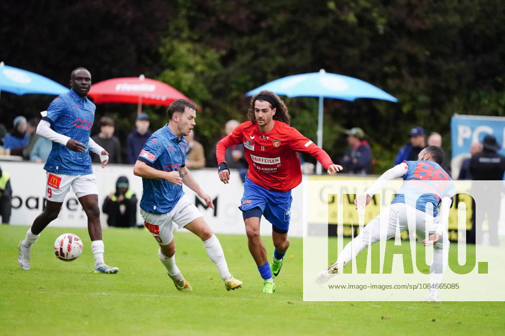 Cham, Switzerland; Men s Soccer, 2026–2027 Season, Swiss Cup, Round 2, SC Cham vs. FC Sion, 0–2; Photo: Josias Lukembila and Nias Hefti (FC Sion) vs. Marin Wiskemann (SC Cham); Reaction