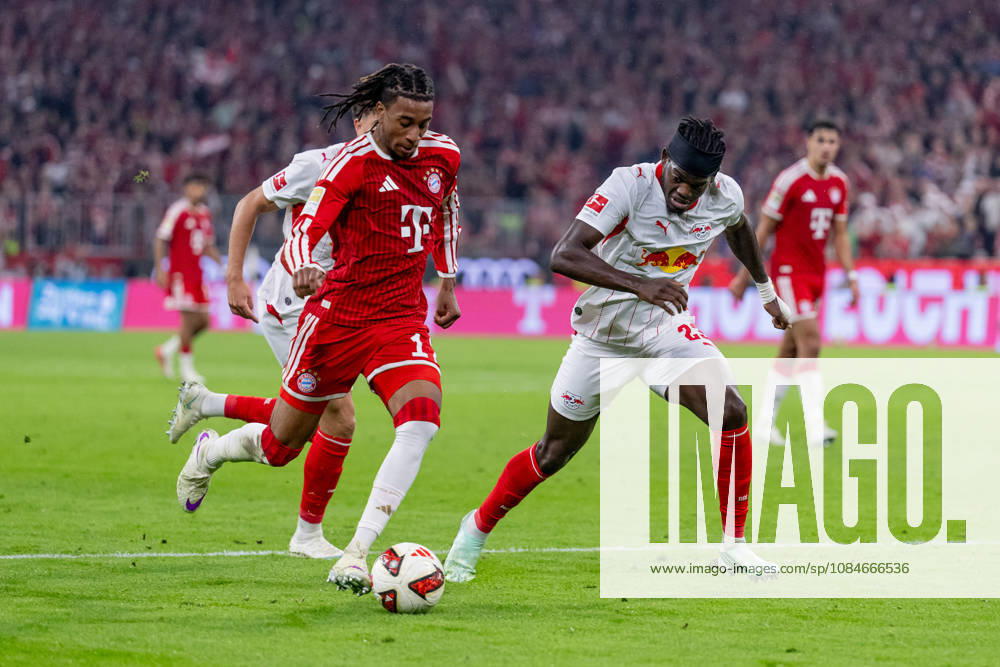 Battle for the Ball: Tackle between Michael Olise (FC Bayern Munich, 17) and Castello Jr. Lukeba (RB Leipzig, 23), GER; FC Bayern Munich vs. RB Leipzig, Soccer, Bundesliga, Matchday 6, 2026–2027 Season, October 17, 2026 DFL and DFB regulations prohibit any use of photographs as image sequences and or quasi-video. Photo: HMB Media, Heike Feiner
