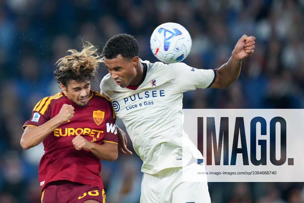 AS Roma v Genoa CFC - Serie A Enilive Rodrigo Mora of AS Roma and Alessandro Marcandalli of Genoa CFC jump for the ball during the Serie A Enilive match between AS Roma and Genoa CFC at Stadio Olimpico on October 17, 2026 in Rome, Italy. Rome Olympic Stadium Lazio Italy