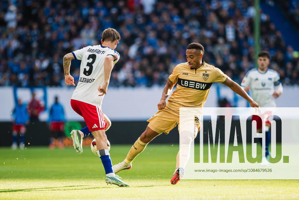 1 Bundesliga: Hamburger SV vs. VfB Stuttgart, October 17, 2026; David Moller Wolfe (Hamburger SV), No. 3, against Jamie Leweling (VfB Stuttgart), No. 18, in a tackle during a soccer match, 1st Bundesliga, Matchday 6: Hamburger SV vs. VfB Stuttgart on October 17, 2026, at the Volksparkstadion, Hamburg. DFL regulations prohibit any use of photographs as image sequences and or quasi-video.