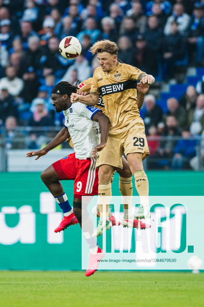 Bundesliga Match: Hamburger SV vs. VfB Stuttgart, October 17, 2026; Terem Moffi (Hamburger SV), No. 9, vs. Finn Jeltsch (VfB Stuttgart), No. 29, in a header duel; Soccer, 1 Bundesliga, Matchday 6: Hamburger SV vs. VfB Stuttgart on October 17, 2026, at the Volksparkstadion, Hamburg. DFL regulations prohibit any use of photographs as image sequences and or quasi-video.