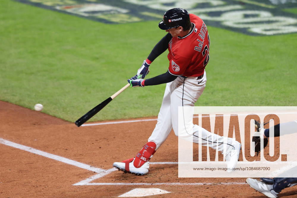 Cleveland Guardians Chase DeLauter (24) hits an rbi-single against the Tampa Bay Rays in the first inning during game four of the MLB, Baseball Herren, USA American League Championship Series at Progressive Field in Cleveland, Ohio, on Saturday, October 16, 2026. CLE20261017704 AARONxJOSEFCZYK