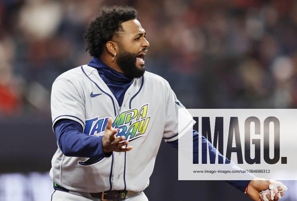 Tampa Bay Rays Junior Caminero (13) reacts after a single by Tampa Bay Rays Taylor Walls against the Cleveland Guardians in the seventh inning during game four of the MLB, Baseball Herren, USA American League Championship Series at Progressive Field in Cleveland, Ohio, on Saturday, October 17, 2026. CLE20261017727 AARONxJOSEFCZYK