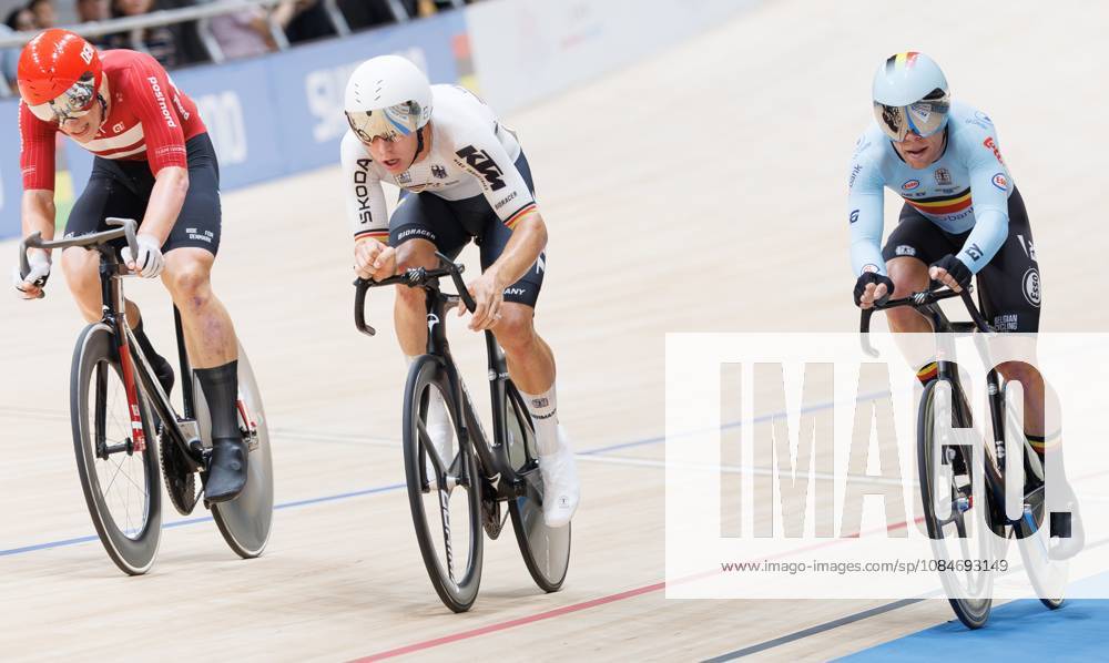 Danish Tobias Hansen, German Tim Torn Teutenberg and Belgian Jules Hesters pictured during the Mens Elimination Race event at the UCI Track cycling, Rad, Radsport, Bahnrad, Bahn World Championships in Shanghai, China on Sunday 18 October 2026. The worlds are taking place from 14 to 18 October 2026. BENOITxDOPPAGNE x190175860x