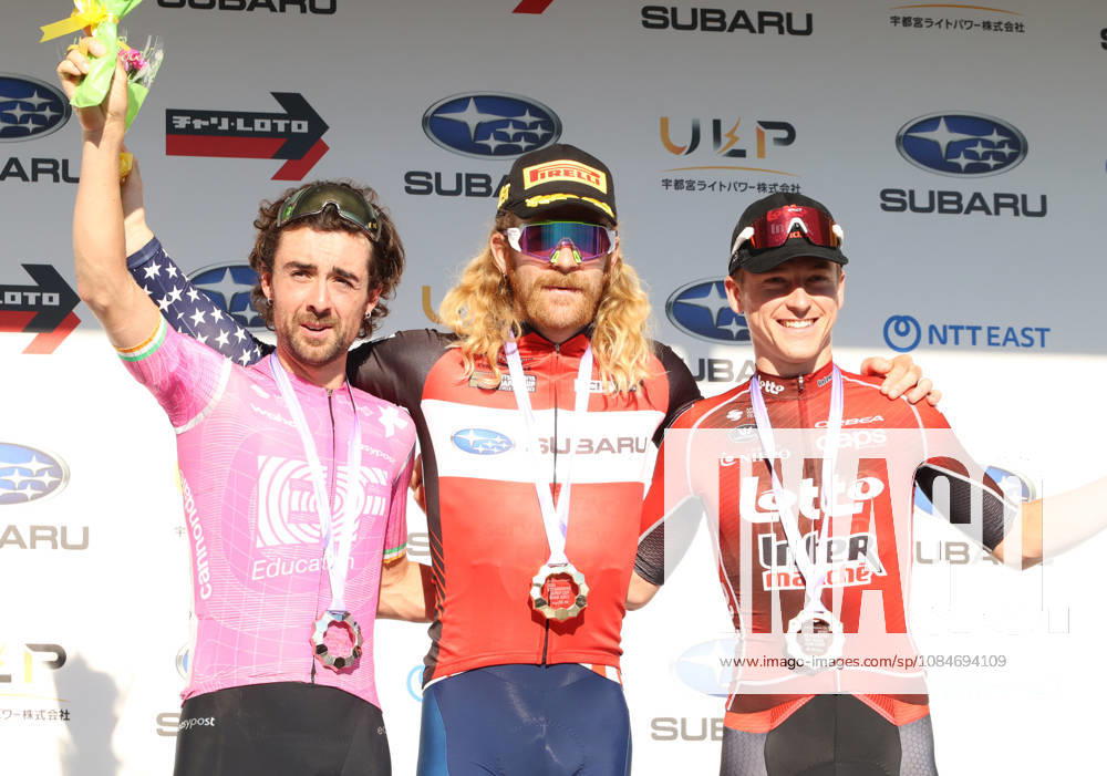 Utsunomiya, Japan - (L-R) Irish cyclist Ben Healey of EF Education - Easy Post, American Quinn Simmons of Lidl-Trek and Belgian Jenno Berckmoes of Lotto Intermarche pose for photo at the Utsunomiya Japan Cup Cycle Road Race in Utsunomiya, 100km north of Tokyo on Sunday, October 18, 2026. Simmons won the 144km race, Healey finished the runner-up and Berckmoes finished the second runner-up. (photo by Yoshio Tsunoda AFLO) Noxthirdxpartyxsales 0869825638st YoshioxTsunodax