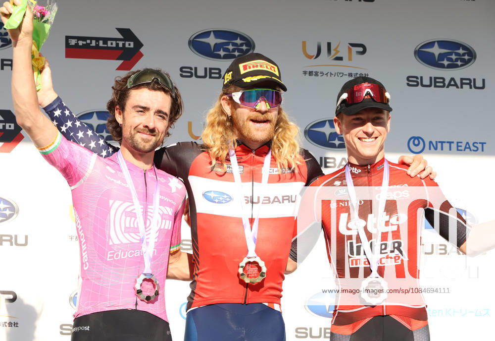 Utsunomiya, Japan - (L-R) Irish cyclist Ben Healey of EF Education - Easy Post, American Quinn Simmons of Lidl-Trek and Belgian Jenno Berckmoes of Lotto Intermarche pose for photo at the Utsunomiya Japan Cup Cycle Road Race in Utsunomiya, 100km north of Tokyo on Sunday, October 18, 2026. Simmons won the 144km race, Healey finished the runner-up and Berckmoes finished the second runner-up. (photo by Yoshio Tsunoda AFLO) Noxthirdxpartyxsales 0869825640st YoshioxTsunodax