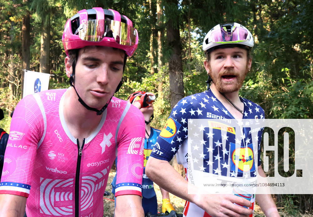 Utsunomiya, Japan - American cyclist Quinn Simmons (R) of Lidl-Trek is celebrated from his younger brother Sean Simmons (L) of EF Education - Eastpost after the Utsunomiya Japan Cup Cycle Road Race in Utsunomiya, 100km north of Tokyo on Sunday, October 18, 2026. Quinn Simmons won the 144km race and Sean finished the 16th. (photo by Yoshio Tsunoda AFLO) Noxthirdxpartyxsales 0869825641st YoshioxTsunodax