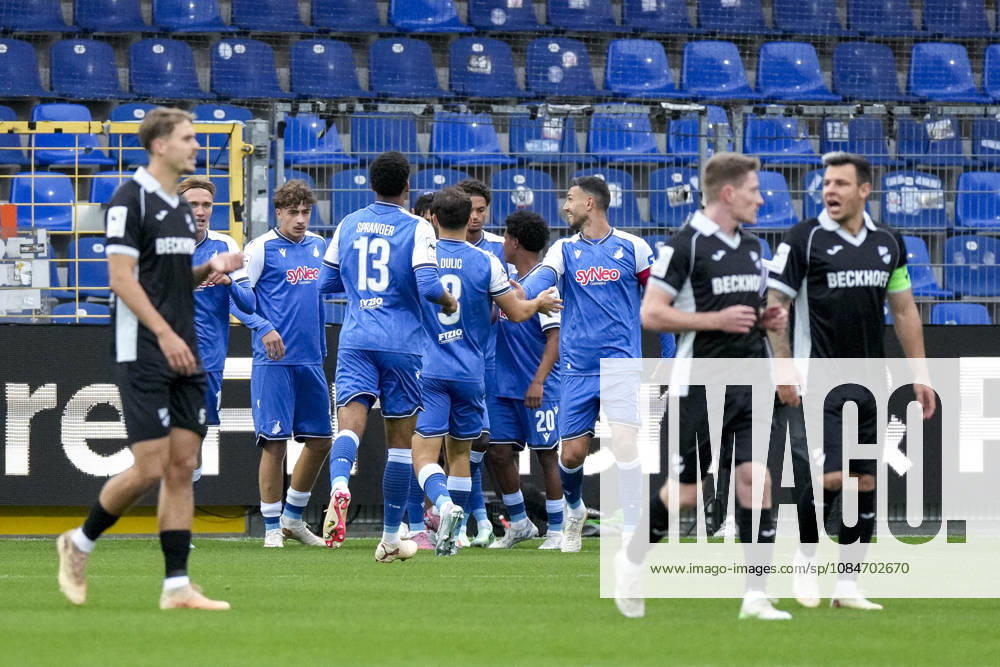 Players from TSG 1899 Hoffenheim II U23 celebrate the 1-0 goal, Celebration, goal celebration, goal scored, celebrating the goal, goal, celebration, cheering the goal, joy, happiness, happy, optimistic, positive, game scene, highlight, action, 18 10 2026, Sinsheim, Germany, soccer, 3. Liga, TSG 1899 Hoffenheim II vs. SC Verl, DFB and DFL regulations prohibit any use of photographs as image sequences and or quasi-video