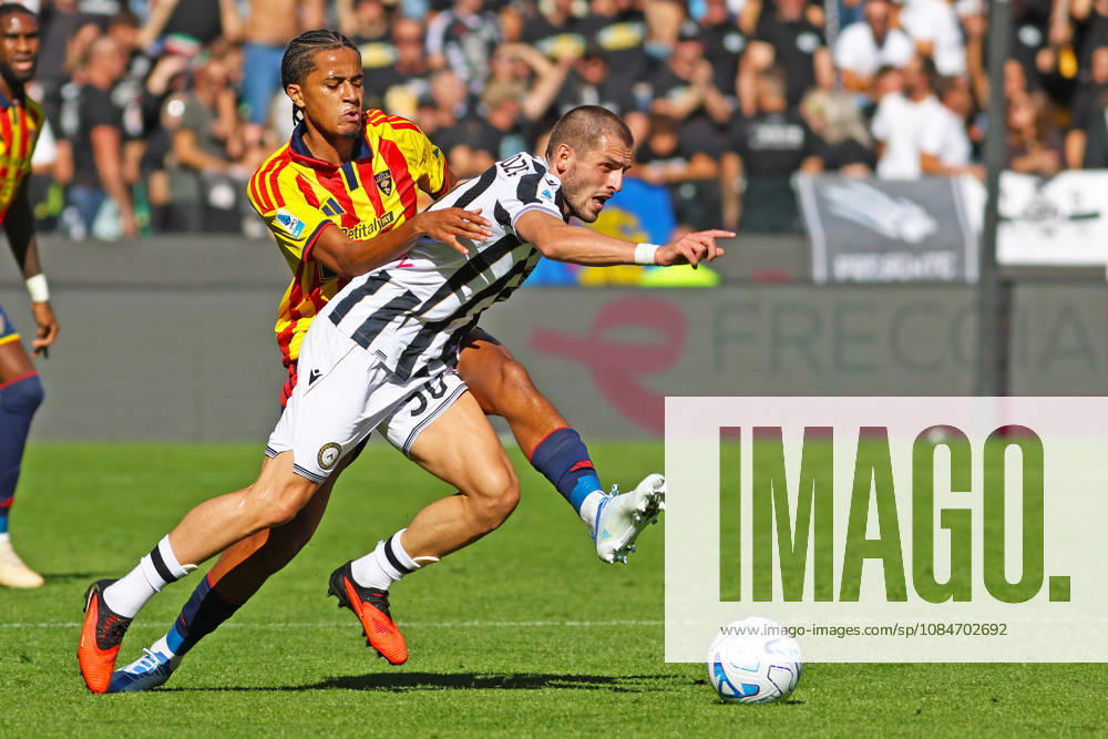Lecce’s oumar ngom fights for the ball with Udinese s Giorgi chakvetadze during the Serie A soccer match between Udinese and Lecce at the Friuli Stadium in Udine, north east Italy - October 18, 2026. - Soccer