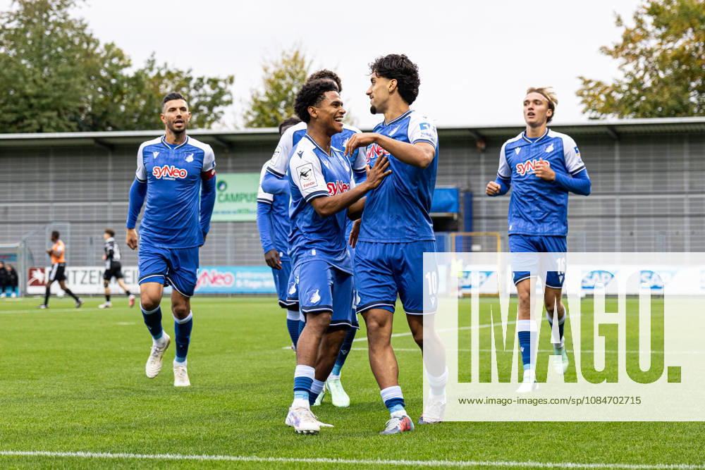 Germany: TSG Hoffenheim II vs. SC Verl, 3. Liga, 2026–27 season, Dietmar Hopp Stadium, Sinsheim. Yasin Zor of TSG Hoffenheim II (No. 10) celebrates with his teammates after scoring the 1–0 goal at the Dietmar Hopp Stadium in Sinsheim, Baden-Württemberg, Germany.